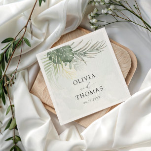 Serviette En Papier Mariage Tropical Vert Monstera Côté Mer