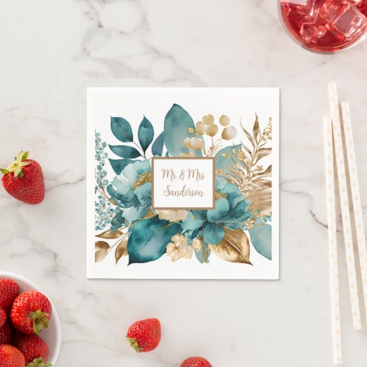 Serviette En Papier Mariage turquoise & or Floral (En situation)