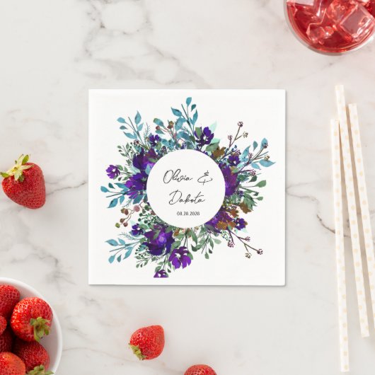 Serviette En Papier Mariage végétal Turquoise et pourpre (En situation)