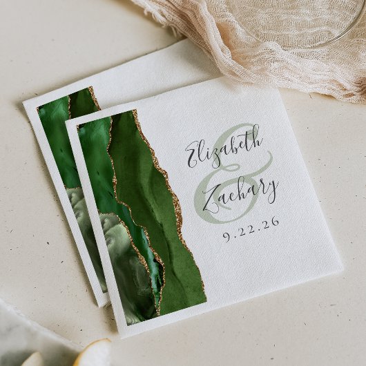 Serviette En Papier Mariage Vert Chasseur Or Script Agate Géode