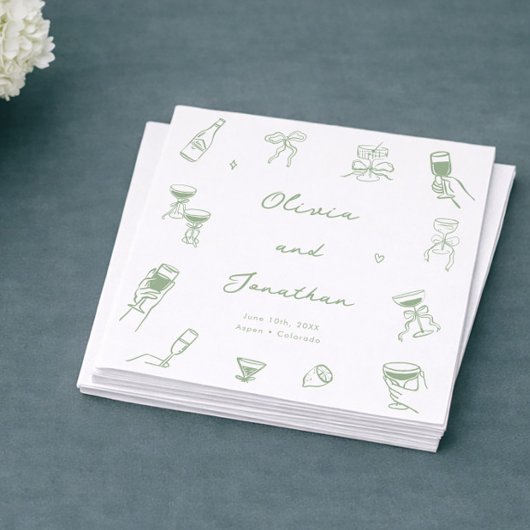 Serviette En Papier Mariage Vert Dessiné à la Main
