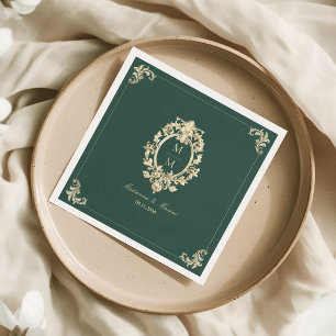 Serviette En Papier Mariage Vert Émeraude Or Baroque Monogramme