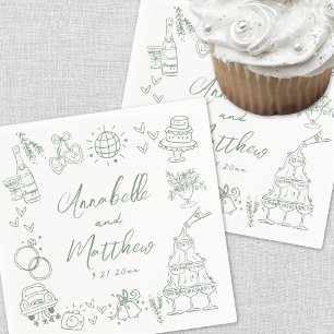 Serviette En Papier Mariage Vert Fantaisiste Dessiné à la Main