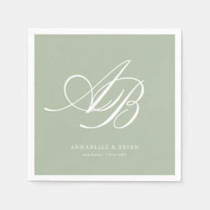 Serviette En Papier Mariage Vert Monogramme Élégant 