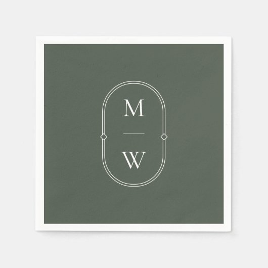 Serviette En Papier Mariage vert monogramme minimaliste (Devant)