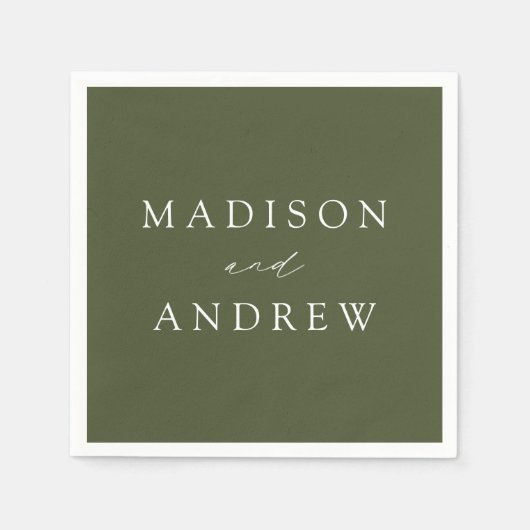 Serviette En Papier Mariage vert olive élégant moderne (Devant)