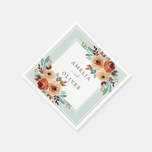 Serviette En Papier Mariage vert Rose d'aquarelle (Coin)