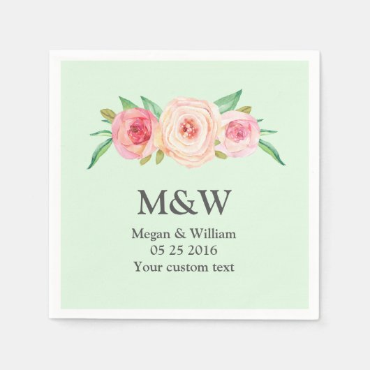 Serviette En Papier Mariage vert rose rose floral Napkin (Devant)