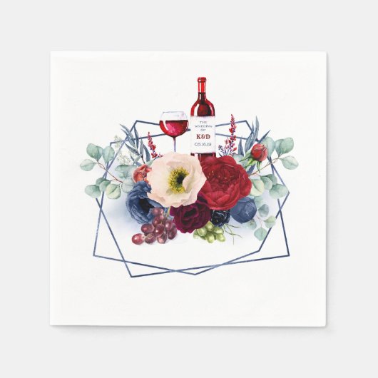 Serviette En Papier Mariage Vin Rouge Bourgogne et Fleurs Navales (Devant)