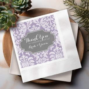 Serviette En Papier Mariage vintage damas gris pourpre Merci