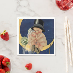 Serviette En Papier Mariage vintage, Mariée mignonne et Groom sur une