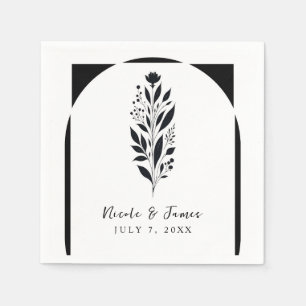 Serviette En Papier Mariage Vintage Moderne Floral Noir & Blanc Hauts