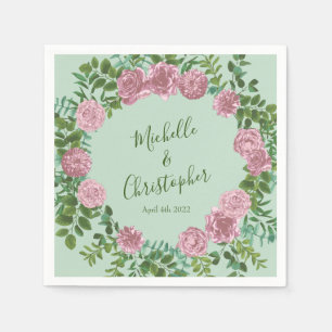Serviette En Papier Mariage Vintage Vert & Rose Pastel Floral