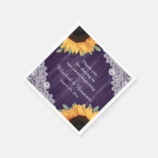 Serviette En Papier Mariage violet de dentelle de bois rustique (Coin)