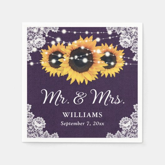 Serviette En Papier Mariage violet de dentelle de Burlap rustique (Devant)