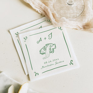 Serviette En Papier Mariage Voiture Verte Vintage Dessinée à la Main F