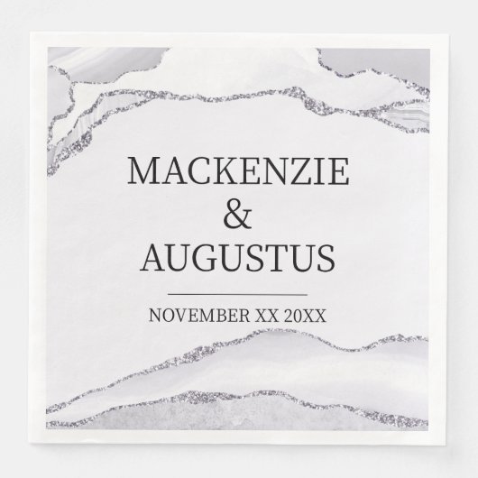 Serviette En Papier Mariés Argent Paillettes Grises Agate Mariage (Devant)