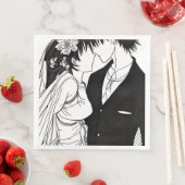 Serviette En Papier Mariés de dessin animé noir et blanc pour mariage (En situation)