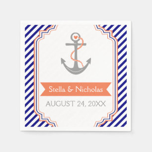 Serviette En Papier Marine bleu, ancre de corail blanc mariage nautiqu