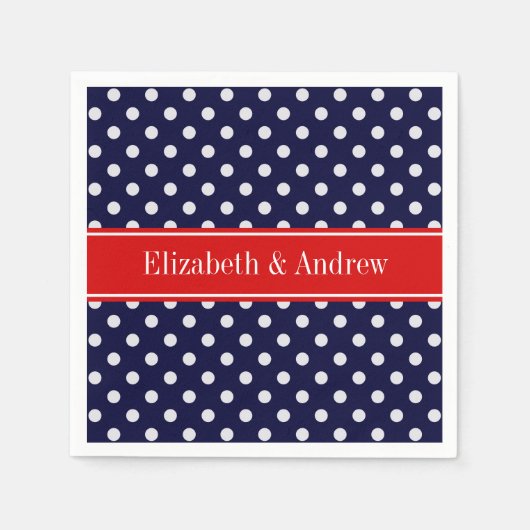 Serviette En Papier Marine Bleu Blanc Pois Nom Rouge Monogramme (Devant)