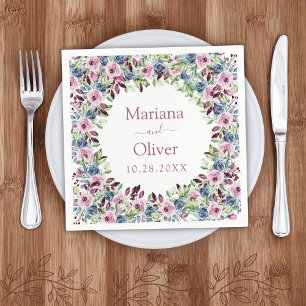 Serviette En Papier Marine Bleu Burgundy Vin Aquarelle Floral Mariage