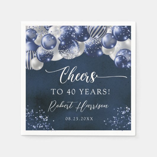 Serviette En Papier Marine Bleu et Ballons d'argent Salutations Annive (Devant)