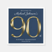Serviette En Papier Marine Bleu et or Elégant 90e anniversaire (Devant)
