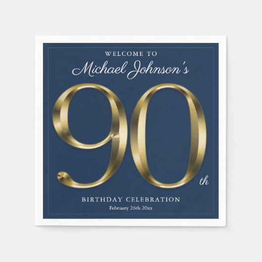 Serviette En Papier Marine Bleu et or Elégant 90e anniversaire (Devant)