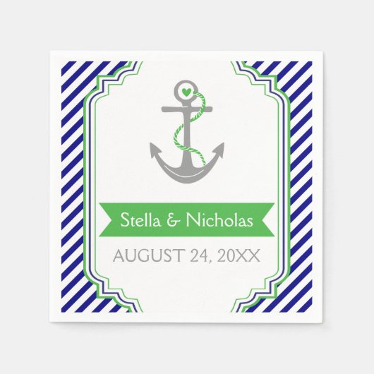 Serviette En Papier Marine bleu, Kelly vert ancre mariage nautique (Devant)