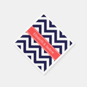 Serviette En Papier Marine Bleu Lg Chevron Corail Nom rouge Monogramme (Coin)