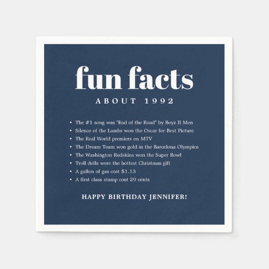 Serviette En Papier Marine Bleu Moderne Minimal Fun Faits Anniversaire (Devant)