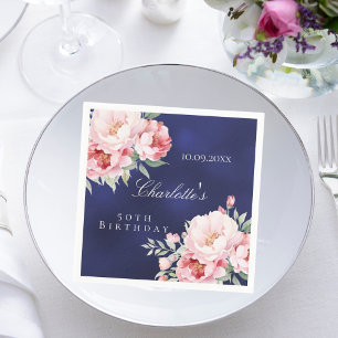 Serviette En Papier Marine bleu rose roses floraux élégant anniversair