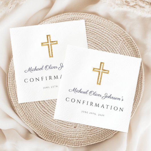 Serviette En Papier Marine Bleu Script Croix religieuse Confirmation g