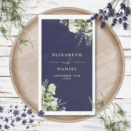 Serviette En Papier Marine Bleu Vert Floral Mariage élégant