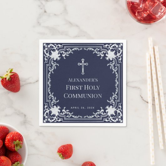 Serviette En Papier Marine Blue Boy First Communion Elégant Faux Silve (En situation)