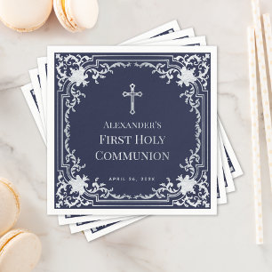 Serviette En Papier Marine Blue Boy First Communion Elégant Faux Silve