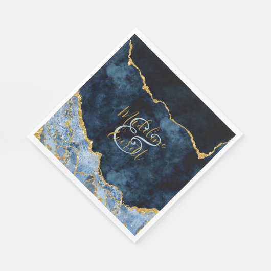 Serviette En Papier Marine Blue Gold Foil Agate Marbre Mariage Monogra (Coin)