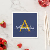 Serviette En Papier Marine Blue Gold Script Monogramme Nom Moderne (En situation)