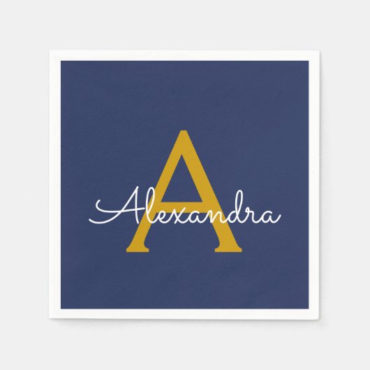 Serviette En Papier Marine Blue Gold Script Monogramme Nom Moderne (Devant)