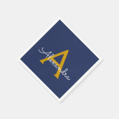 Serviette En Papier Marine Blue Gold Script Monogramme Nom Moderne (Coin)