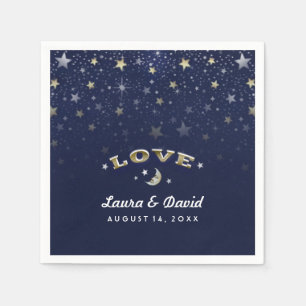 Serviette En Papier Marine Blue Gold & White LOVE Moon & Stars Mariage