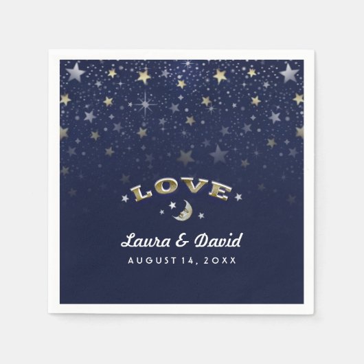 Serviette En Papier Marine Blue Gold & White LOVE Moon & Stars Mariage (Devant)
