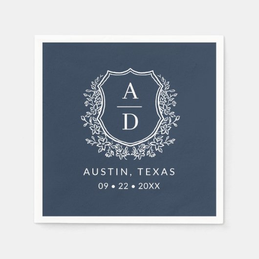 Serviette En Papier Marine Blue Monogram Floral Mariage Crest (Devant)