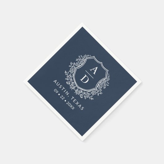 Serviette En Papier Marine Blue Monogram Floral Mariage Crest (Coin)