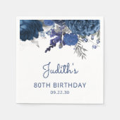 Serviette En Papier Marine Blue Silver Floral 80e fête d'anniversaire (Devant)
