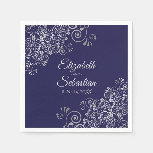 Serviette En Papier Marine Blue & Silver Frills Mariage élégant (Devant)