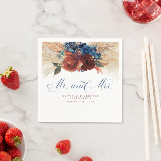 Serviette En Papier Marine Blue Terracotta Floral Pampas Mariage en he (En situation)