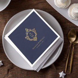 Serviette En Papier Marine Blue Vintage Crest Monogramme Faux Gold Mar