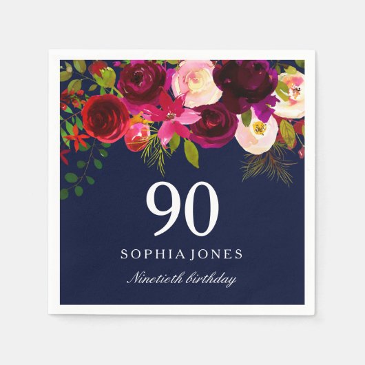 Serviette En Papier Marine & Bourgogne Red Floral 90e fête d'anniversa (Devant)