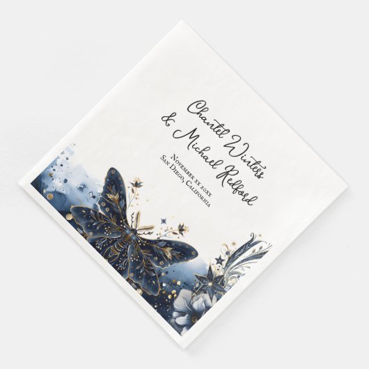 Serviette En Papier Marine céleste Blue and Gold Moth Mariage Bienvenu (Coin)